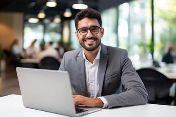 Handsome Latin Businessman Working with Computer, Male Manager Works in Modern Office, Analysis Data Statistics and Business Planning.