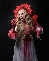 Close up portrait of  scary vampire zombie queen, wearing elegant halloween fantasy costume ....