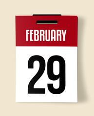 29 February Calendar Date, Realistic calendar sheet hanging on wall