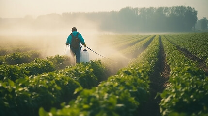 farmer sprays a potato plantation with a sprayer - obrazy, fototapety, plakaty