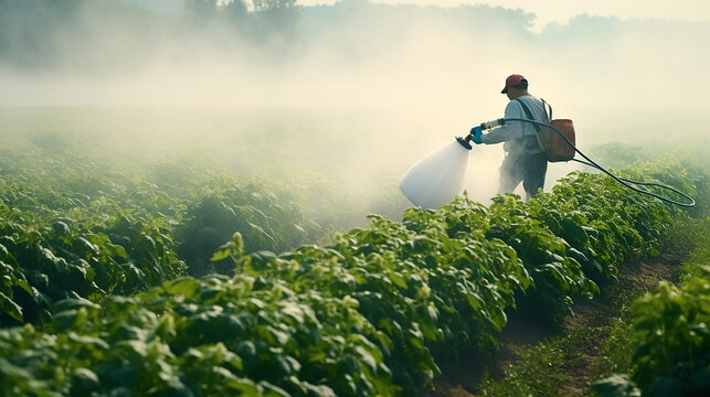farmer sprays a potato plantation with a sprayer