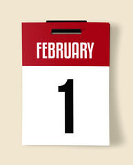 1 February Calendar Date, Realistic calendar sheet hanging on wall