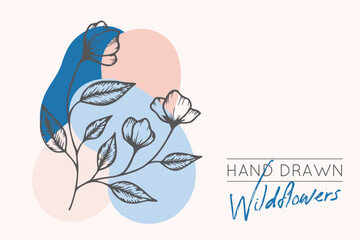 Collection of hand drawn spring flowers and plants. Monochrome vector illustrations in sketch style.