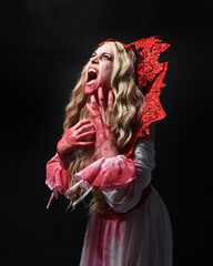 Close up portrait of  scary vampire zombie queen, wearing elegant halloween fantasy costume ....