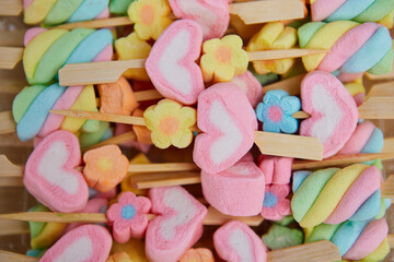 Multicolored of skewer marshmallow on table