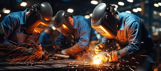 welding worker team working arc weld metal joint production in heavy industry danger and risk workplace with eyes safety equipment ,Generated with AI
