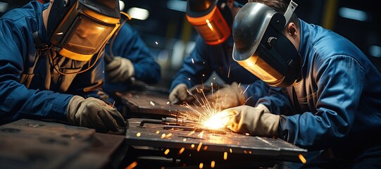 welding worker team working arc weld metal joint production in heavy industry danger and risk workplace with eyes safety equipment ,Generated with AI - obrazy, fototapety, plakaty