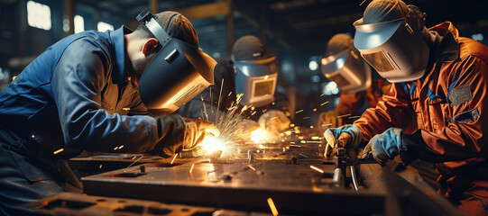 welding worker team working arc weld metal joint production in heavy industry danger and risk workplace with eyes safety equipment ,Generated with AI