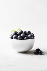White ceramic bowl with Blueberries fruit on light background with copy space