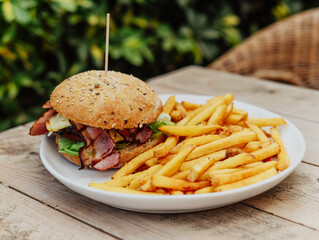 Classic American dish of cheeseburger with fries