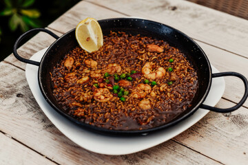 A typical Valencian seafood paella with rice