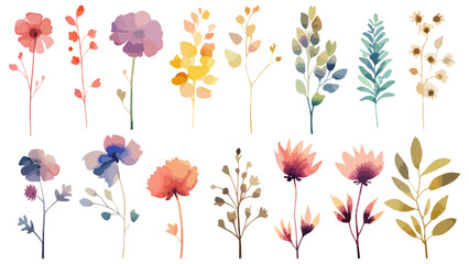 Set watercolor elements of pink roses; collection garden flowers; leaves; branches. Botanic Wedding floral design. Collection of greenery leaf plant forest herbs tropical leaves