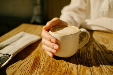 Close-up of a woman's hand with a cup of cappuccino