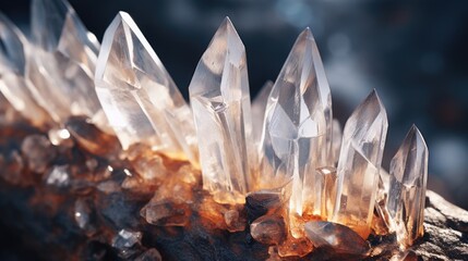 Unreal clear quartz crystal cluster points rock - generative AI - obrazy, fototapety, plakaty