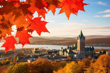 Fototapeta premium Quebec City in Quebec, Canada with the Canadian maple leaf symbol. Generative AI