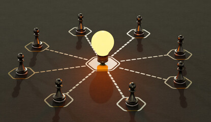 Leadership concept, standing out from the crowd of black pawns