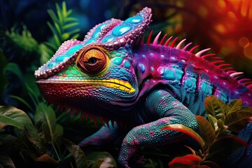 Colorful chameleon on a branch, a creative concept of adaptation and transformation. Generative AI