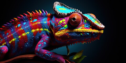 Fototapeta premium Colorful chameleon on a branch, a creative concept of adaptation and transformation. Generative AI