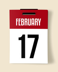17 February Calendar Date, Realistic calendar sheet hanging on wall