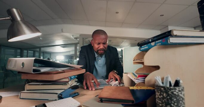 Stress, business man and time management in office with multitasking paperwork in corporate startup company. Anxiety, person and professional frustrated in workplace with workflow and documents