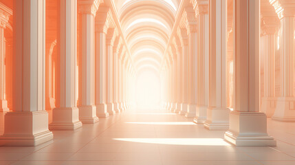 corridor with roman pillars and bright light at the exit - obrazy, fototapety, plakaty