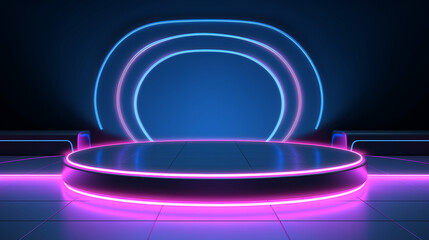 empty neon stage for product replacement with futuristic circles blue and pink neon light background.