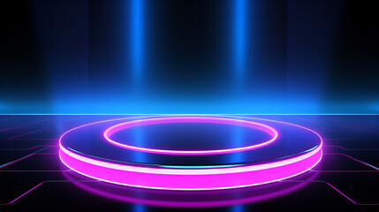 empty neon stage for product replacement with futuristic circles blue and pink neon light background.