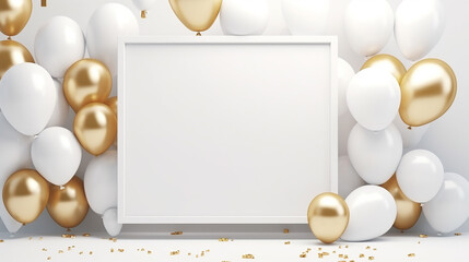 frame poster mockup with gold and white balloons air balloon 3d rendering