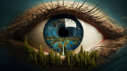 Eye with nature in the pupil. Human and nature.