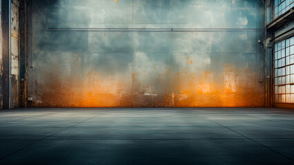 Empty interior of an old industrial hall in a dynamic contrast of colors