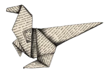 Rucksack Bleistift Zeichnung von einem dekorativen Origami Känguru oder Dinosaurier aus Zeitung und Papier gebastelt © Mirabu