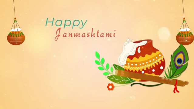 Janmashtami animation with traditional decoration - matki with butter  bansuri  peacock feather  festival wish template  greetings template. Krishna Janmashtami concept - celebrating the Hindu fest...