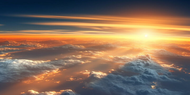Beautiful sunset sky above clouds with dramatic light. Cabin view from airplaneมGenerative ai
