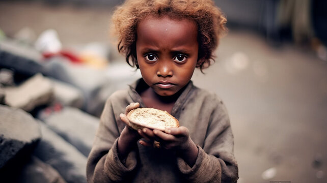 boy Hungry starving poor little child looking at the camera.Generative ai