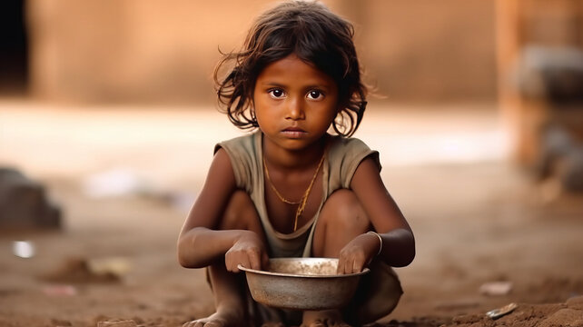 boy Hungry starving poor little child looking at the camera.Generative ai
