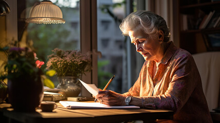 A senior woman sits by the window of her home in the morning writing. - obrazy, fototapety, plakaty