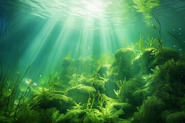 Fototapeta na wymiar Abstract green underwater with algae background. Generative AI