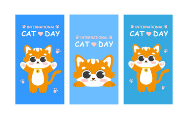 Postcards for the International Cat Day. Funny kitten. A pet. Red cat. Vector illustration