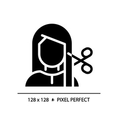 2D pixel perfect woman with haircut at spa glyph style icon, isolated vector, haircare simple black silhouette illustration.