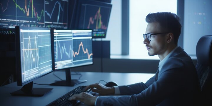Confident Stock Trader Analyzing Markets in Sun-Kissed Modern Office Overlooking Skyscrapers