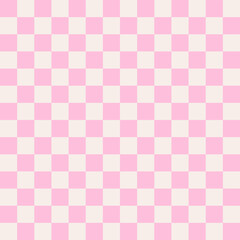 Groovy checkered seamless pattern, vintage aesthetic background, checkerboard texture. Funky hippie fashion textile print, retro pink and white square background with tile vector pattern 