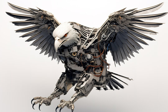 An eagle flying made of electronic machinery on a white background. Farm animals. illustration. Generative AI.