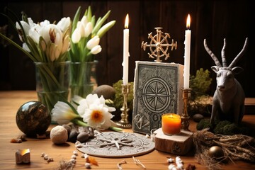 Altar for Imbolc Sabbat featuring Brigid's cross amulet, candles, sun-moon symbol, wheel of the year, snowdrops, and toy lamb on wooden table. Generative AI