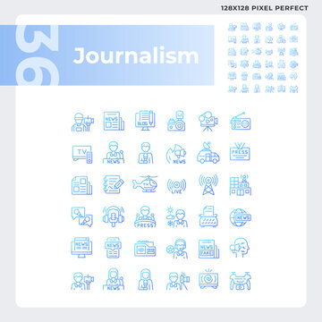 Pixel perfect gradient icons set representing journalism, thin line blue illustration