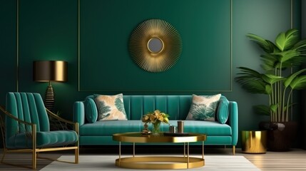 Modern living room in emerald colors