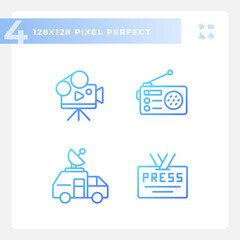 Pixel perfect gradient icons set representing journalism, thin line blue illustration