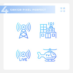 Pixel perfect gradient simple icons collection representing journalism, thin linear blue illustration.