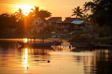 Fototapeta premium Small nice fisherman village at sunset on the canal des Pangalanes - Madagascar