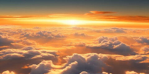 Beautiful sunset sky above clouds with dramatic light. Cabin view from airplane  generative ai