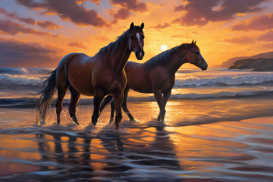 Horses on the beach at sunset,. Computer digital drawing.